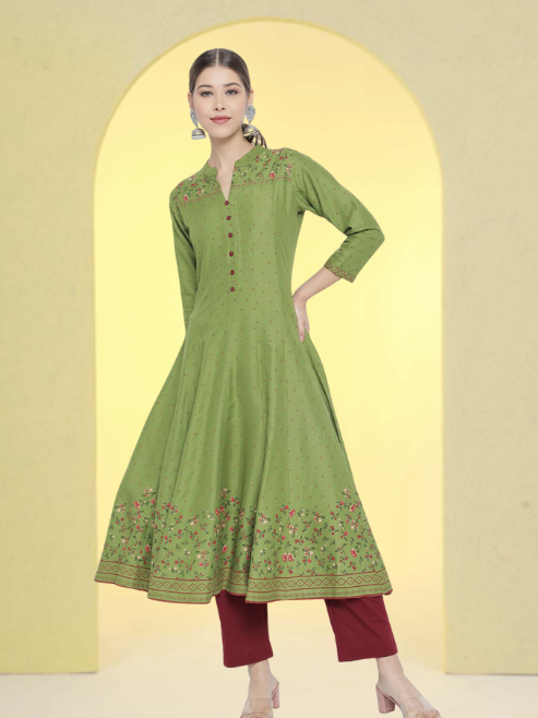 Yash Gallery Women's Printed Rayon  Calf Length Stand Collar  3/4th Sleeve With Lace Detailing  Anarkli Kurta  (Blue)