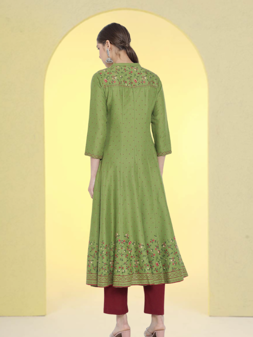 Yash Gallery Women's Printed Rayon  Calf Length Stand Collar  3/4th Sleeve With Lace Detailing  Anarkli Kurta  (Blue)