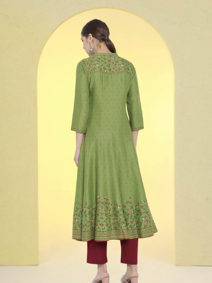 Yash Gallery Women's Printed Rayon  Calf Length Stand Collar  3/4th Sleeve With Lace Detailing  Anarkli Kurta  (Blue)