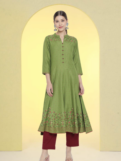 Yash Gallery Women's Printed Rayon  Calf Length Stand Collar  3/4th Sleeve With Lace Detailing  Anarkli Kurta  (Blue)