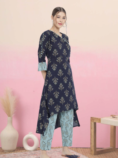 Yash Gallery Women's Cotton Floral Print A-line Kurta Pant Set (Multi)