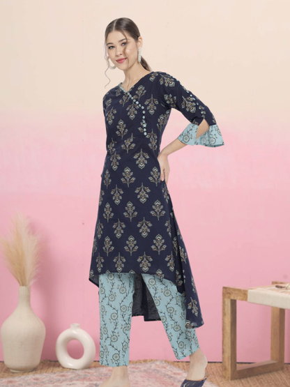 Yash Gallery Women's Cotton Floral Print A-line Kurta Pant Set (Multi)