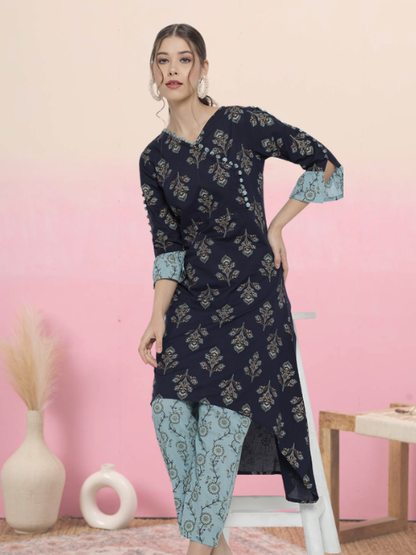 Yash Gallery Women's Cotton Floral Print A-line Kurta Pant Set (Multi)