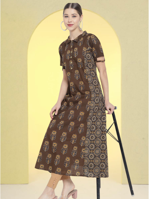 yash gallery womens cotton floral printed a line kurti brown