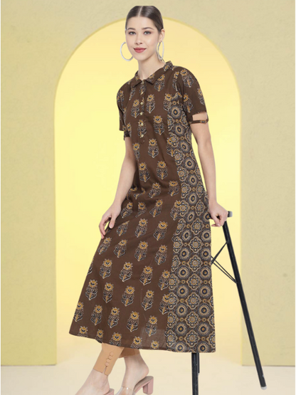 yash gallery womens cotton floral printed a line kurti brown