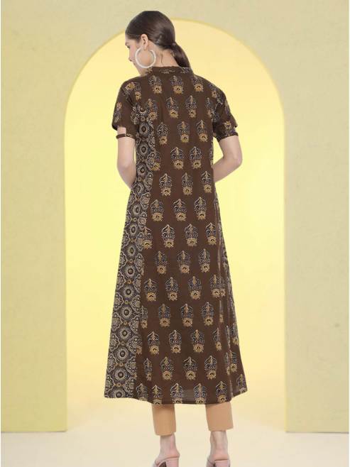 yash gallery womens cotton floral printed a line kurti brown