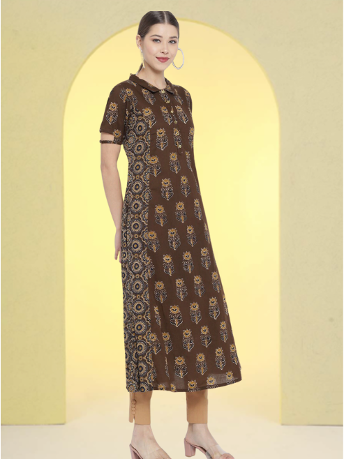 yash gallery womens cotton floral printed a line kurti brown