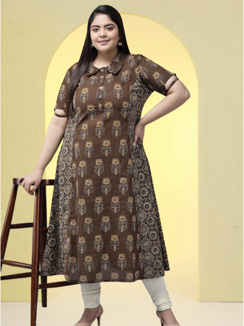 yash gallery womens cotton floral printed a line kurti brown