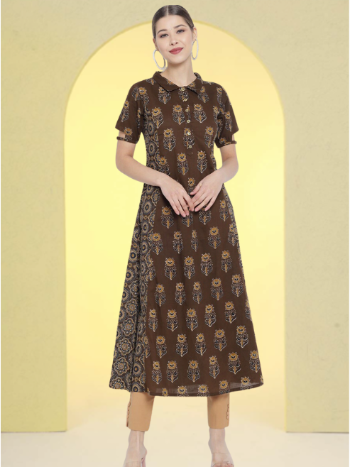 yash gallery womens cotton floral printed a line kurti brown