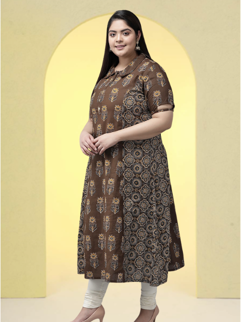 yash gallery womens cotton floral printed a line kurti brown