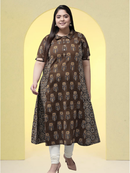 yash gallery womens cotton floral printed a line kurti brown
