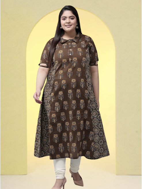 yash gallery womens cotton floral printed a line kurti brown