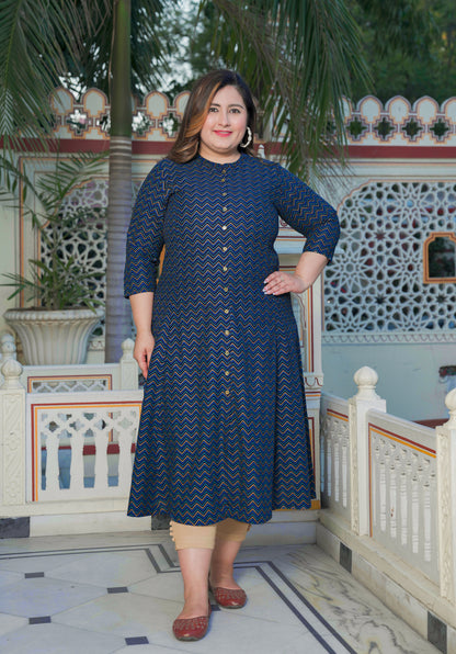 YASH GALLERY Women's Zig Zag Printed Anarkali Kurti Plus Size (Blue)