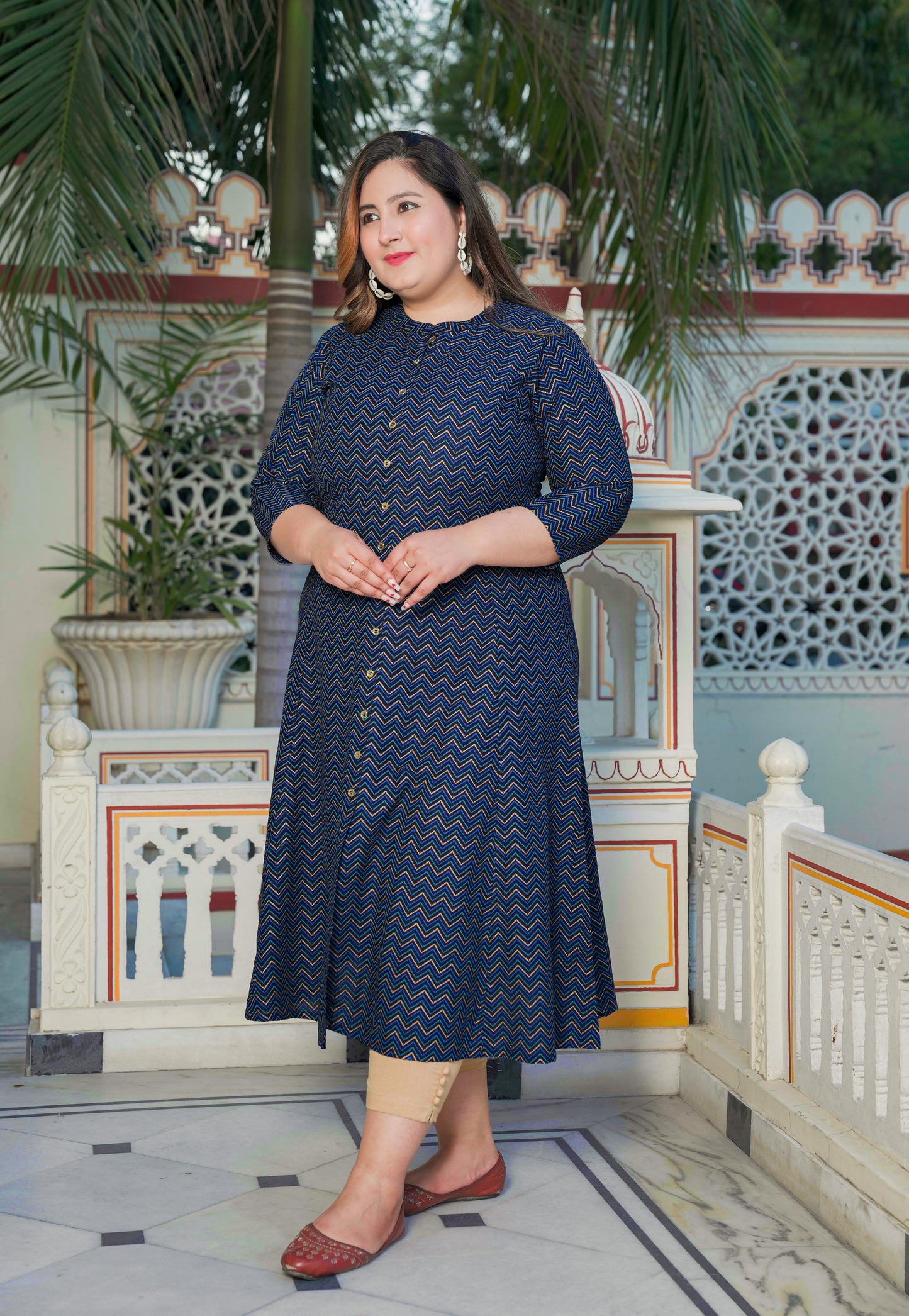 YASH GALLERY Women's Zig Zag Printed Anarkali Kurti Plus Size (Blue)