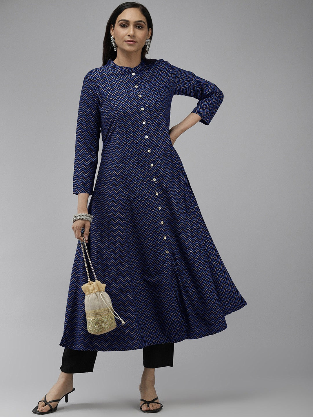 YASH GALLERY Women's Zig Zag Printed Anarkali Kurti (Blue)