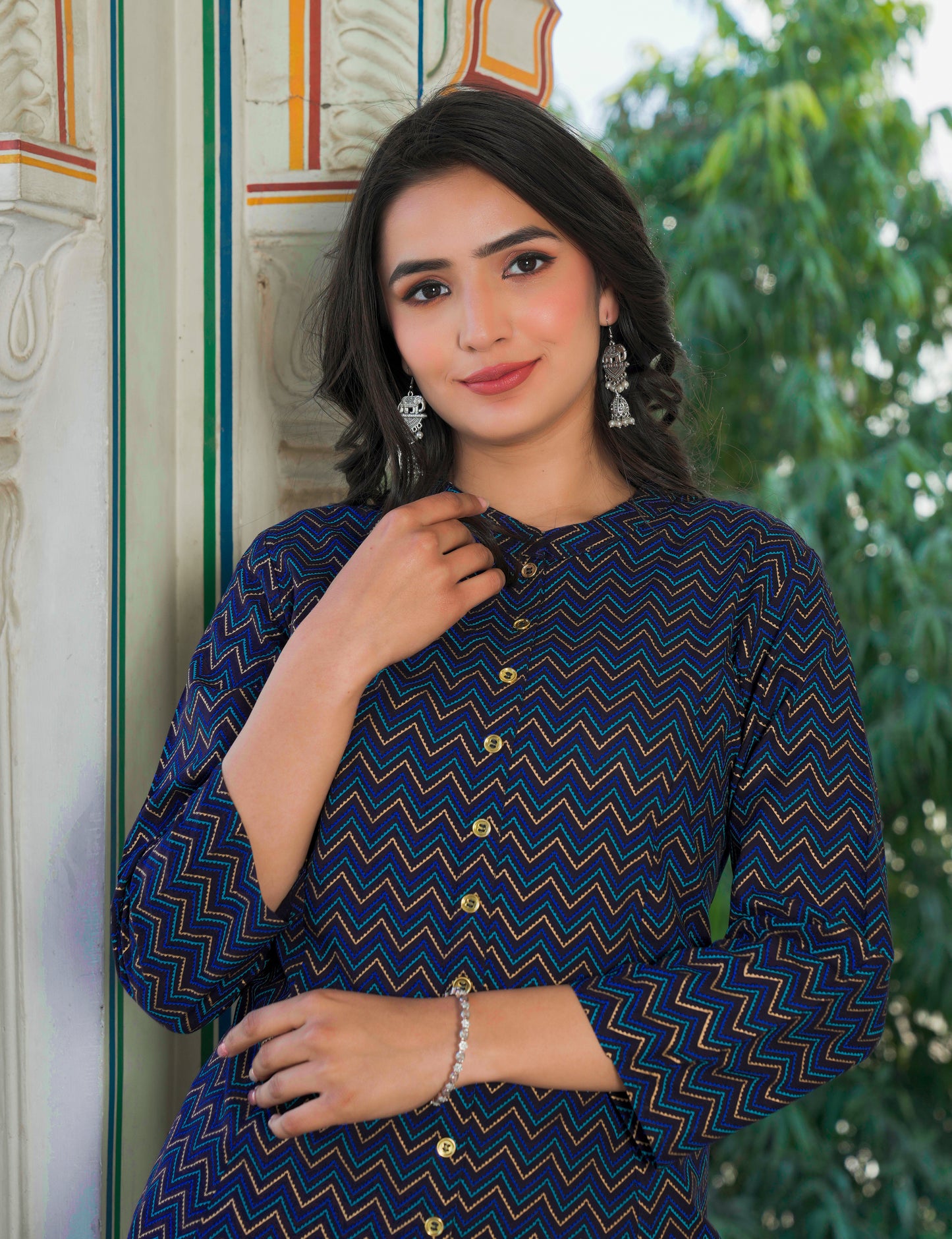 YASH GALLERY Women's Zig Zag Printed Anarkali Kurti (Blue)