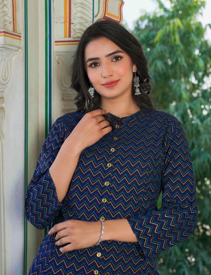 YASH GALLERY Women's Zig Zag Printed Anarkali Kurti (Blue)