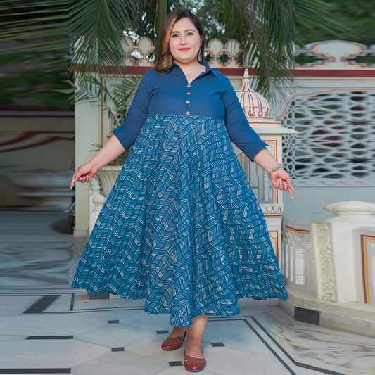 YASH GALLERY Women's Plus Size Blue Cotton Geometrical Printed Anarkali Dress(Blue)