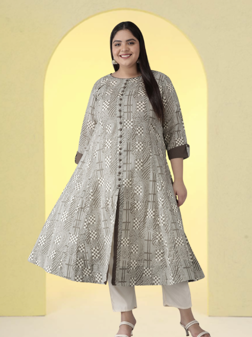 yash gallery womens plus size cotton geomatrical printed anarkali kurti grey