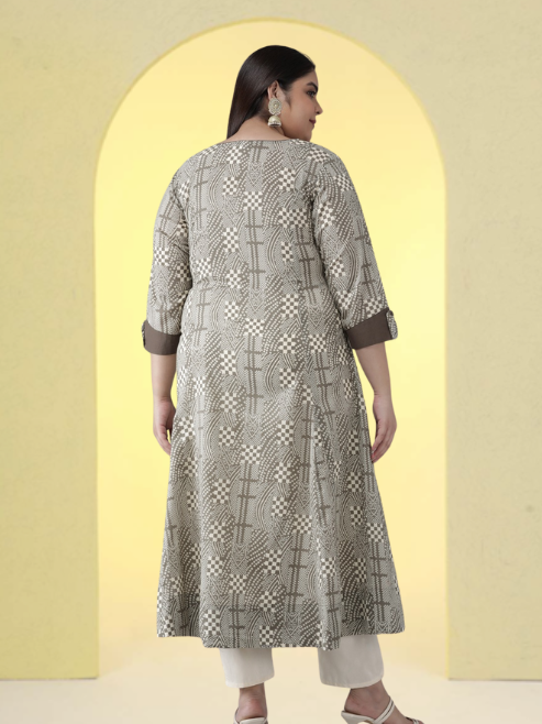 yash gallery womens plus size cotton geomatrical printed anarkali kurti grey
