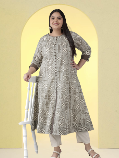 yash gallery womens plus size cotton geomatrical printed anarkali kurti grey
