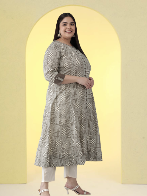 yash gallery womens plus size cotton geomatrical printed anarkali kurti grey