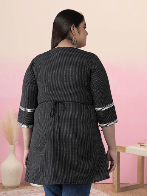 YASH GALLERY Women's Plus Size Cotton Kantha Short Kurti (Black)