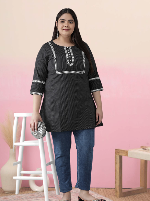 YASH GALLERY Women's Plus Size Cotton Kantha Short Kurti (Black)