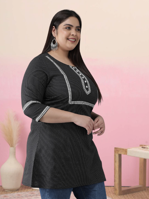 YASH GALLERY Women's Plus Size Cotton Kantha Short Kurti (Black)