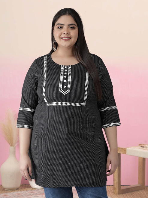 YASH GALLERY Women's Plus Size Cotton Kantha Short Kurti (Black)