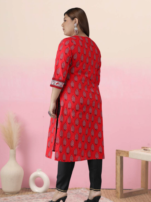 yash gallery womens plus size cotton slub floral printed straight kurti red
