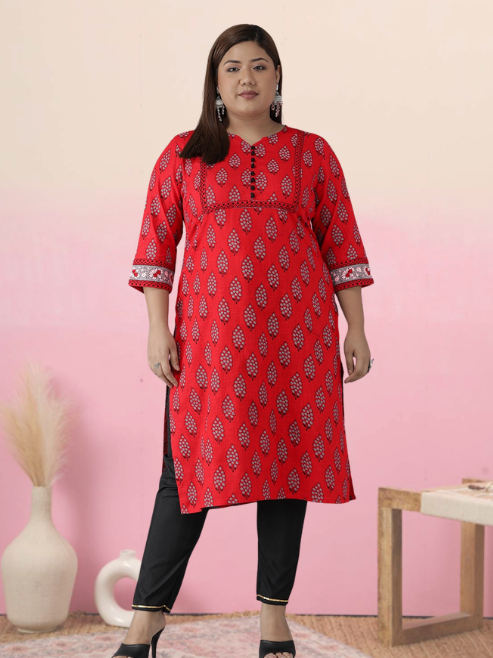 yash gallery womens plus size cotton slub floral printed straight kurti red