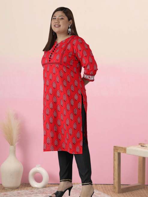 yash gallery womens plus size cotton slub floral printed straight kurti red