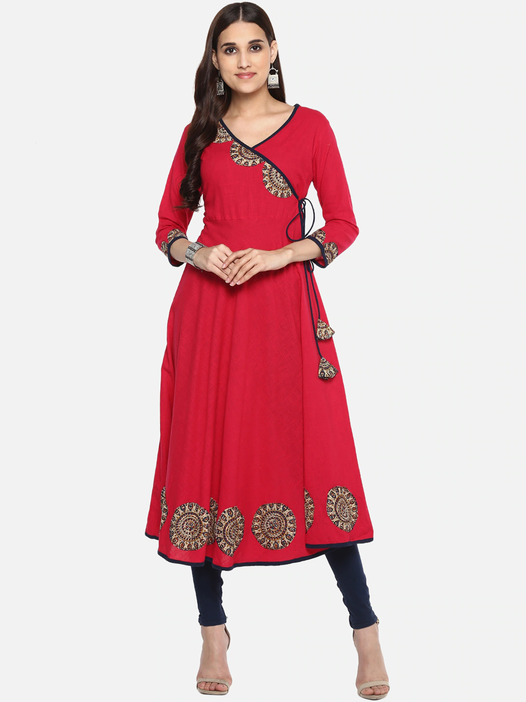 Yash Gallery Women's Cotton Slub Patch Work Angrakha Kurta Plus Size