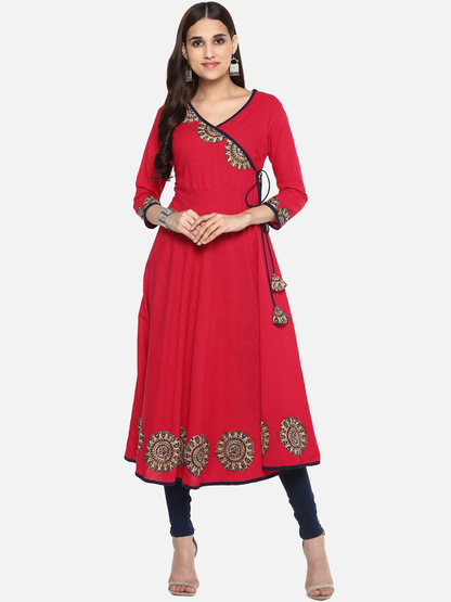 Yash Gallery Women's Cotton Slub Patch Work Angrakha Kurta Plus Size