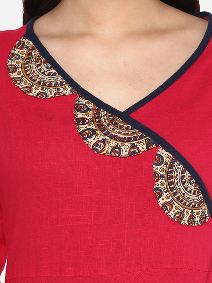 Yash Gallery Women's Cotton Slub Patch Work Angrakha Kurta Plus Size