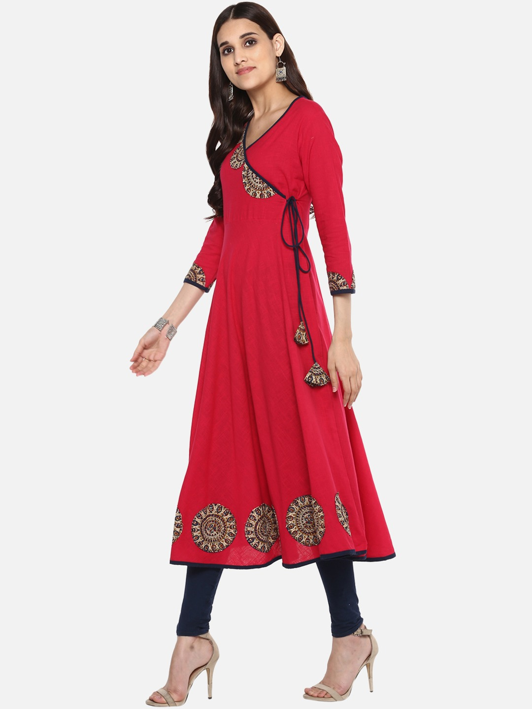 Yash Gallery Women's Cotton Slub Patch Work Angrakha Kurta Plus Size