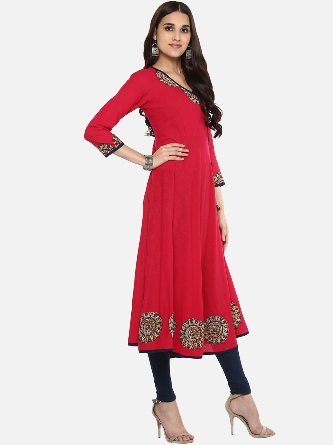 Yash Gallery Women's Cotton Slub Patch Work Angrakha Kurta Plus Size