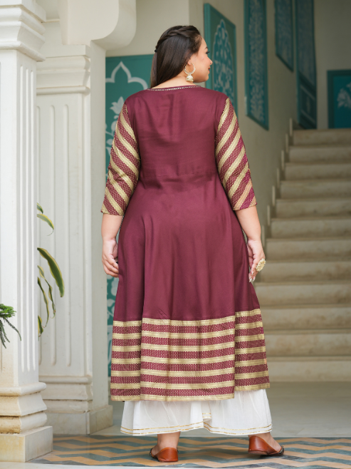 yash gallery womens rayon stripe printed anarkali kurti maroon