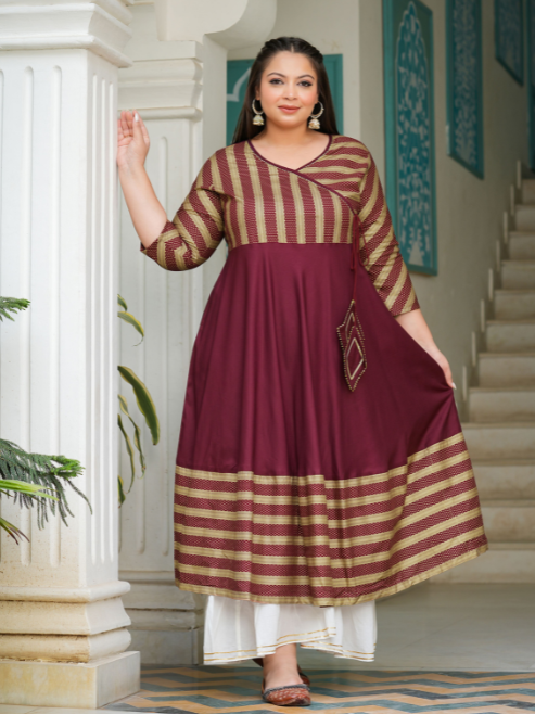 yash gallery womens rayon stripe printed anarkali kurti maroon