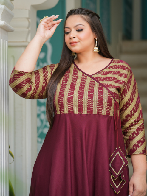 yash gallery womens rayon stripe printed anarkali kurti maroon