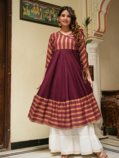 YASH GALLERY Women's Rayon Stripe Printed Anarkali Kurti