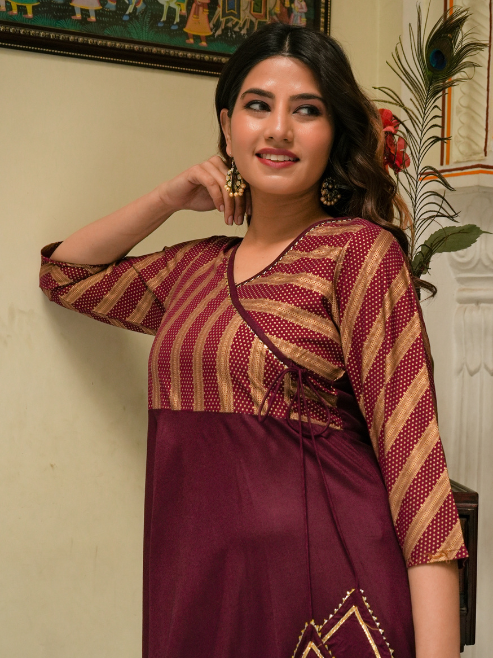 yash gallery womens rayon stripe printed anarkali kurti maroon