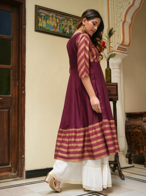 yash gallery womens rayon stripe printed anarkali kurti maroon