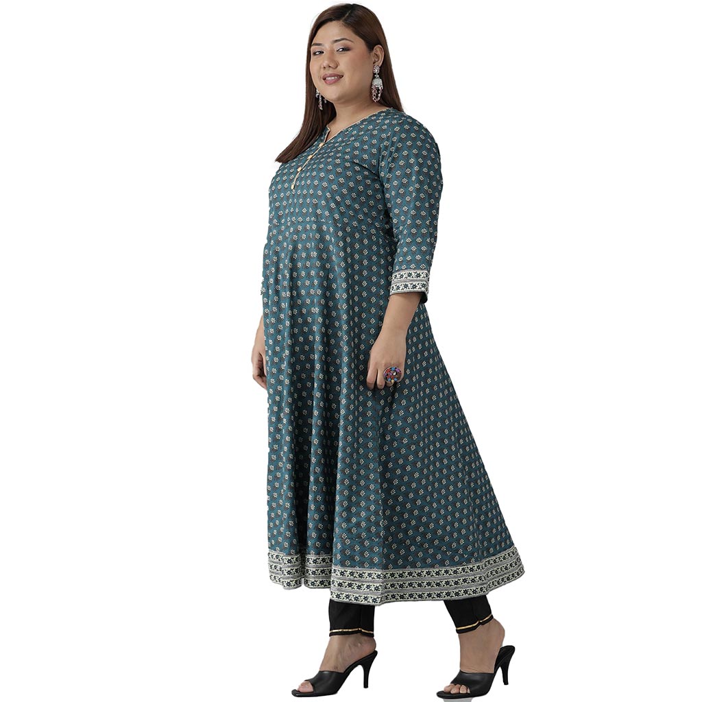 YASH GALLERY Women's Plus Size Cotton Floral Printed Anarkali Kurti (Green)