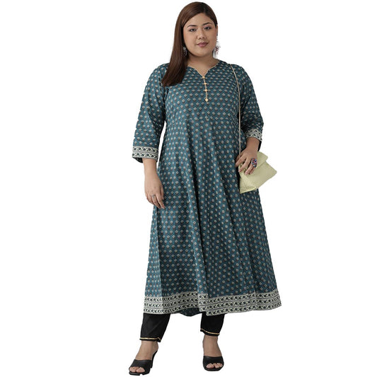 YASH GALLERY Women's Plus Size Cotton Floral Printed Anarkali Kurti (Green)