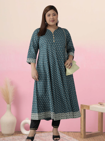 YASH GALLERY Women's Plus Size Cotton Floral Printed Anarkali Kurti (Green)