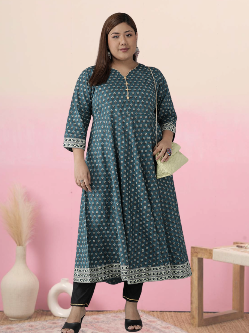 YASH GALLERY Women's Plus Size Cotton Floral Printed Anarkali Kurti (Green)