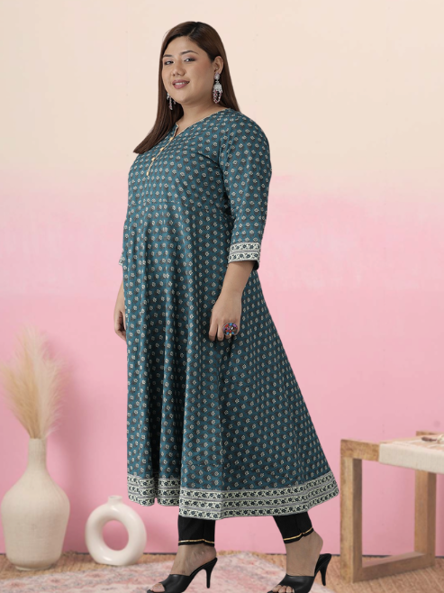 YASH GALLERY Women's Plus Size Cotton Floral Printed Anarkali Kurti (Green)