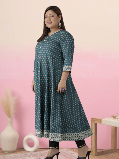 YASH GALLERY Women's Plus Size Cotton Floral Printed Anarkali Kurti (Green)